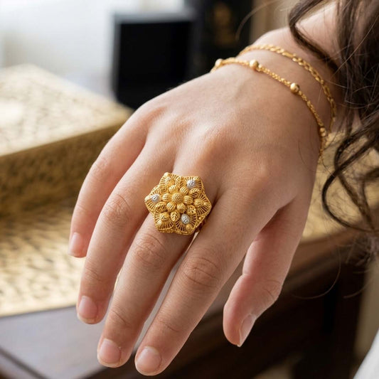 Gold Plated Floral Filigree Adjustable Ring with Two-Tone Accents