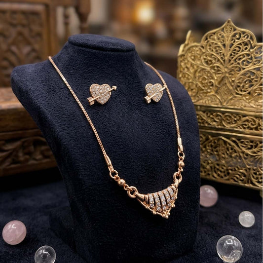 Rose Gold Plated Zircon Necklace & Cupid Arrow Heart Studs Jewellery Set