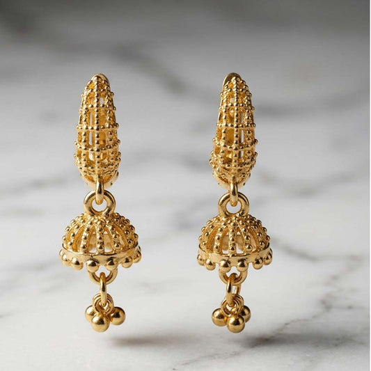 Gold Plated Filigree Jhumka Huggie Earrings with Bead Clusters