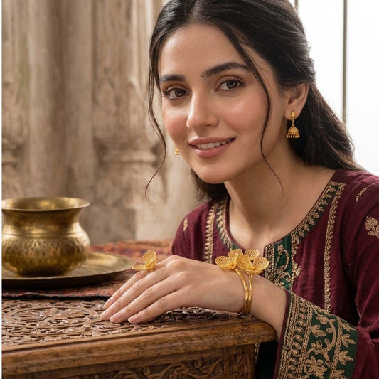 Elegant Gold-Tone Mesh Petal Open Cuff Bracelet & Ring Set for Women - Gold Plated