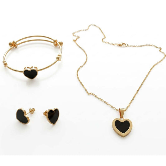 Gold Plated Black Enamel Heart Jewellery Set with Pendant, Earrings & Bangle