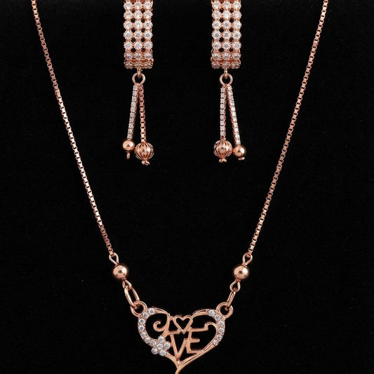 Rose Gold Plated LOVE Heart Pendant Necklace & Tassel Earrings Jewellery Set