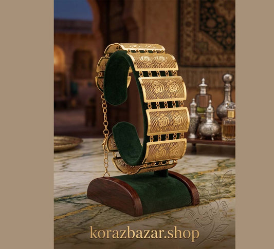 Elegant Gold-Tone Broad Jali Work Bracelet with Adjustable Chain