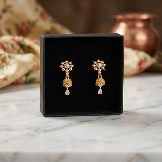 Traditional Gold Plated Floral Jhumka Earrings with Zircon Stone & Drop Crystal