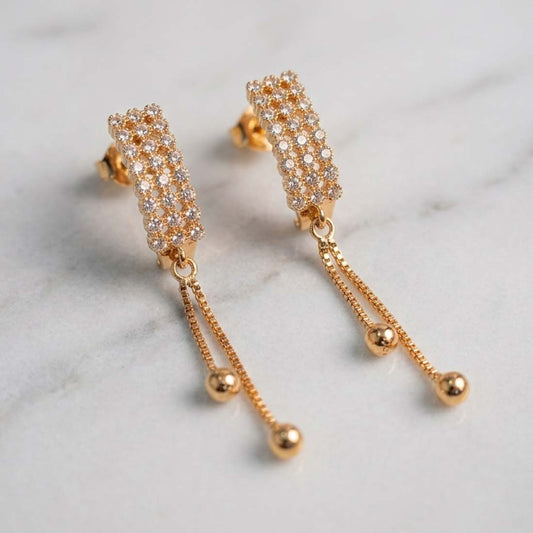 Gold Plated Pavé Zircon Bar Earrings with Dangling Bead Chains
